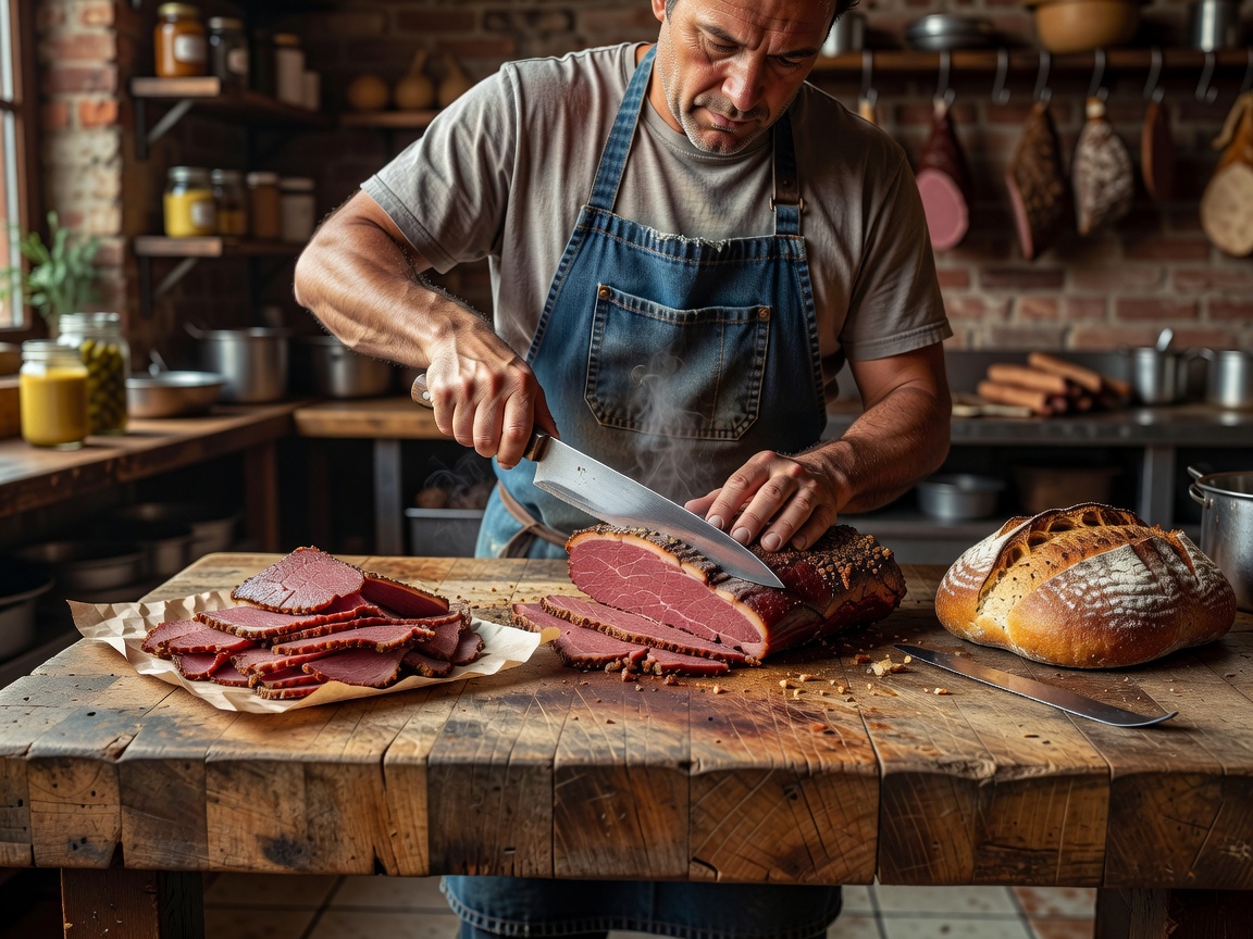 Artisan sandwich craftsman slicing fresh cured pastrami on traditional butcher block counter