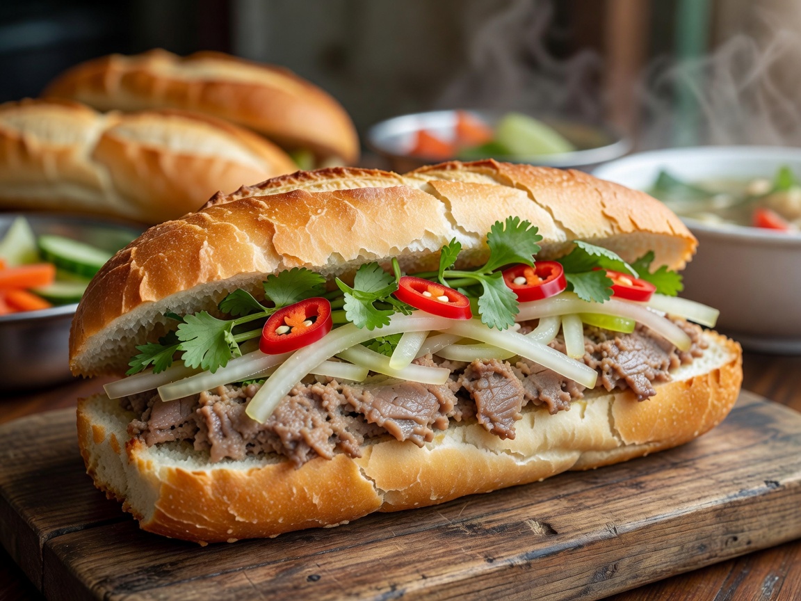 Authentic Vietnamese Banh Mi sandwich featuring crispy rice-flour baguette stuffed with pork pate pickled daikon cilantro and fresh chili slices