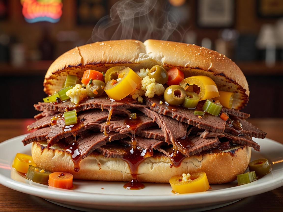 Chicago Italian Beef sandwich piled with thin spiced roast beef drenched in rich beef jus and topped with hot pickled giardiniera peppers