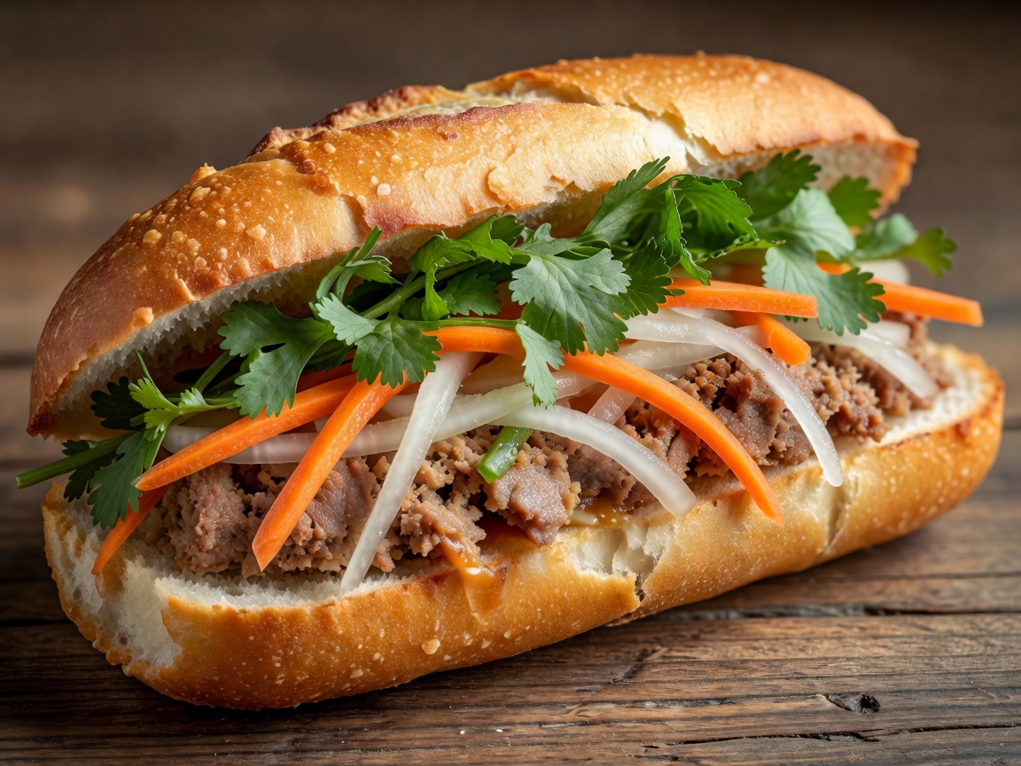 Crispy Vietnamese baguette filled with pork pate pickled daikon radish carrots and fresh cilantro leaves