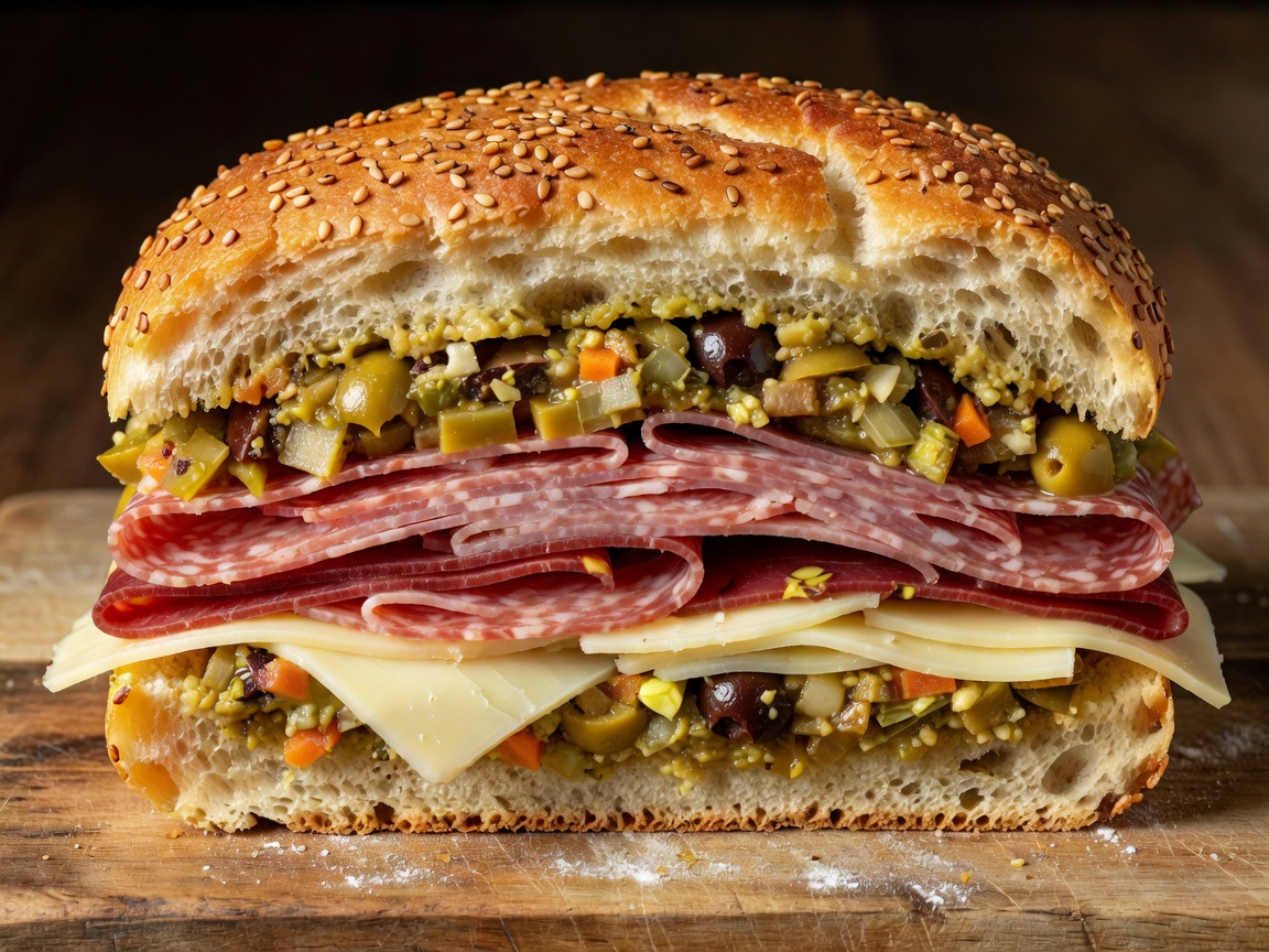Detailed cross section view of a massive round New Orleans Muffuletta showing distinct layers of charcuterie and pickled olive spread