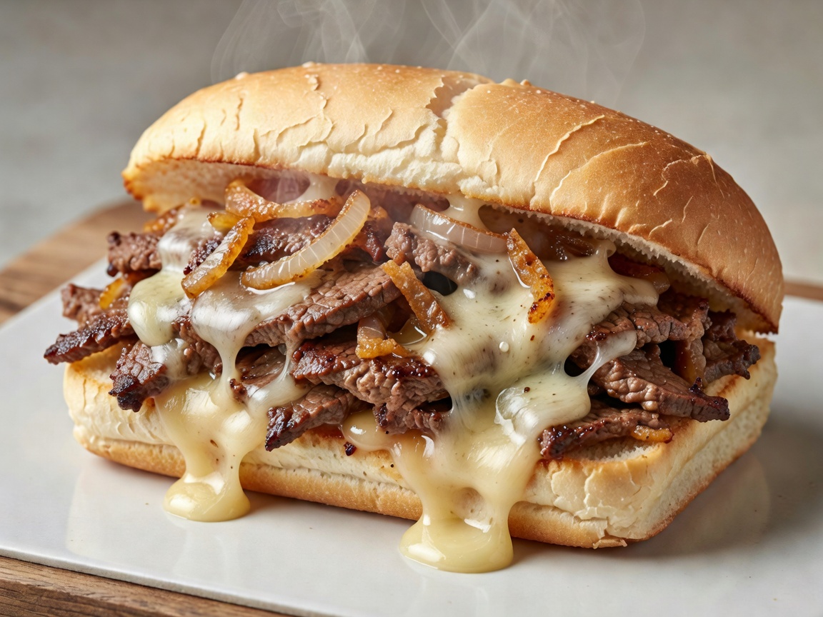 Freshly prepared Philadelphia Cheesesteak with thinly sliced ribeye steak melted cheese and fried onions on an Italian roll