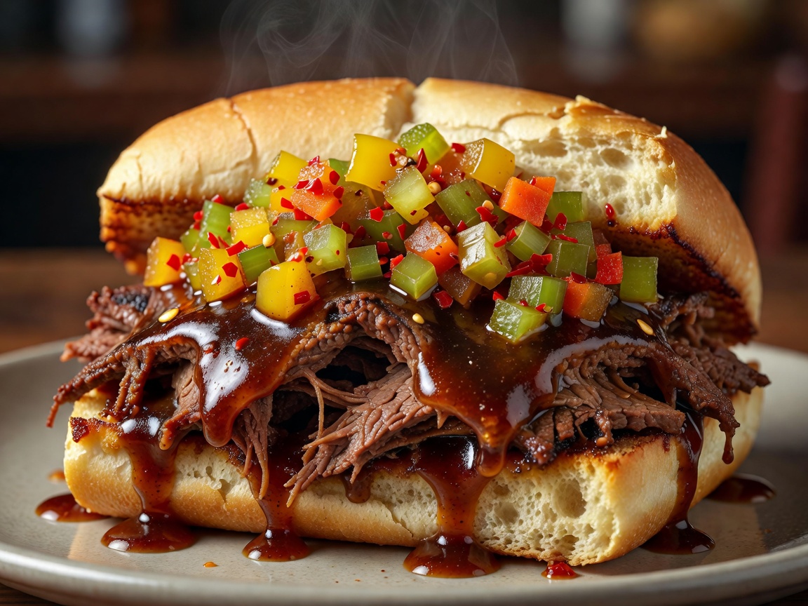 Juicy Chicago Italian Beef sandwich heavily dunked in savory beef gravy with spicy giardiniera relish on top