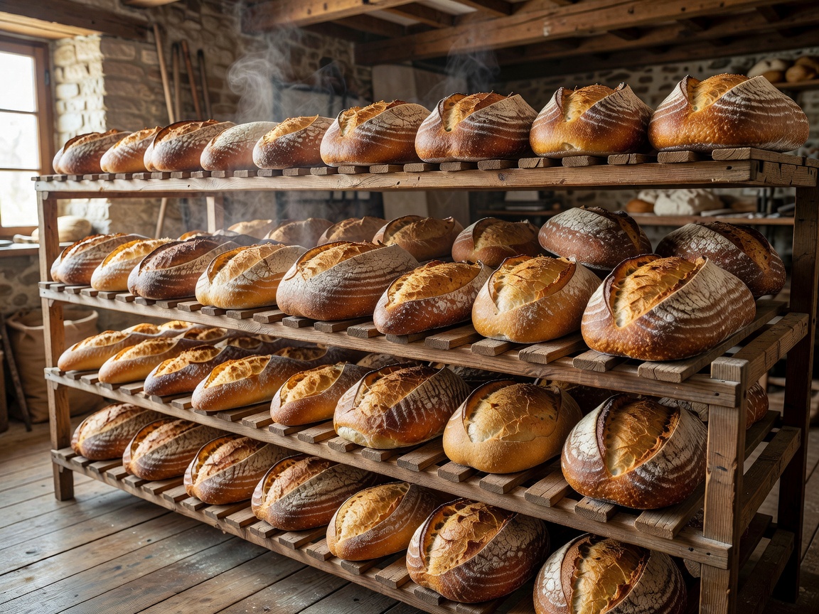 Rustic crusty bakery bread loaves cooling on wooden bakery racks in heritage deli workshop