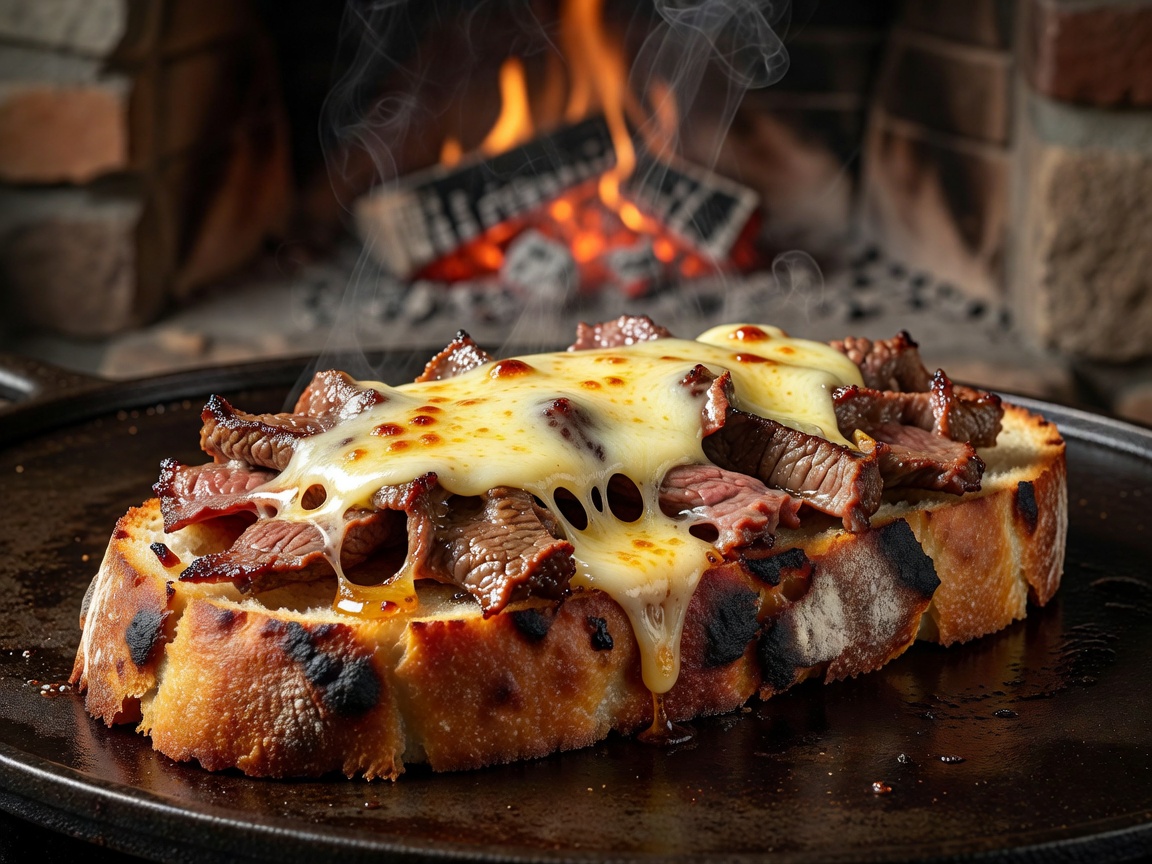 Thinly shaved ribeye beef searing with melted cheese on an authentic long hearth-baked bread