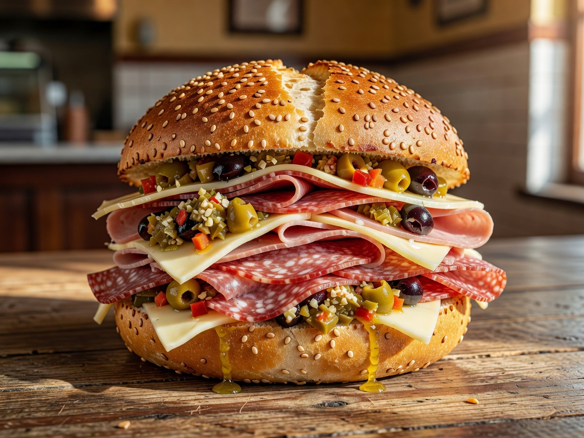 Traditional New Orleans Muffuletta sandwich stacked high with Italian salami mortadella ham provolone and pickled olive salad on a round sesame bread
